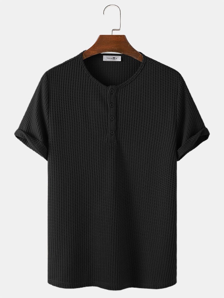 Men's Knitted Waffle T-Shirt | Solid Color Casual Short Sleeve Style