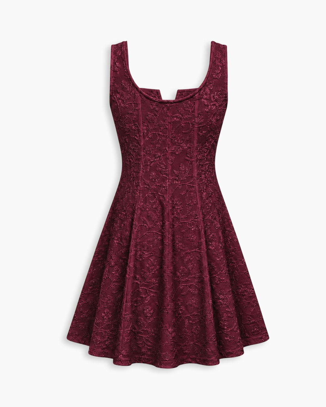 Bonus Cloth's Floral Jacquard Square Neck Fit and Flare Mini Dress in Wine Maroon