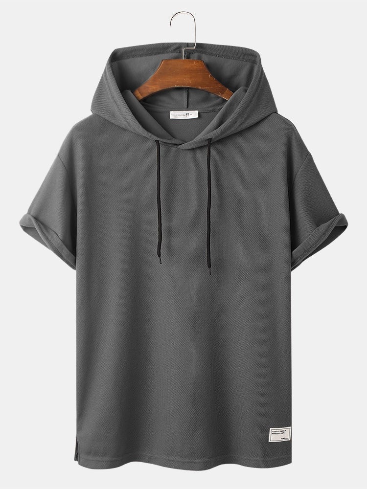 Men's Knit Solid Color Applique T-Shirt | Loose Short Sleeve Hooded Style