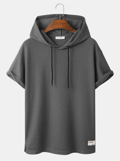 Men's Knit Solid Color Applique T-Shirt | Loose Short Sleeve Hooded Style