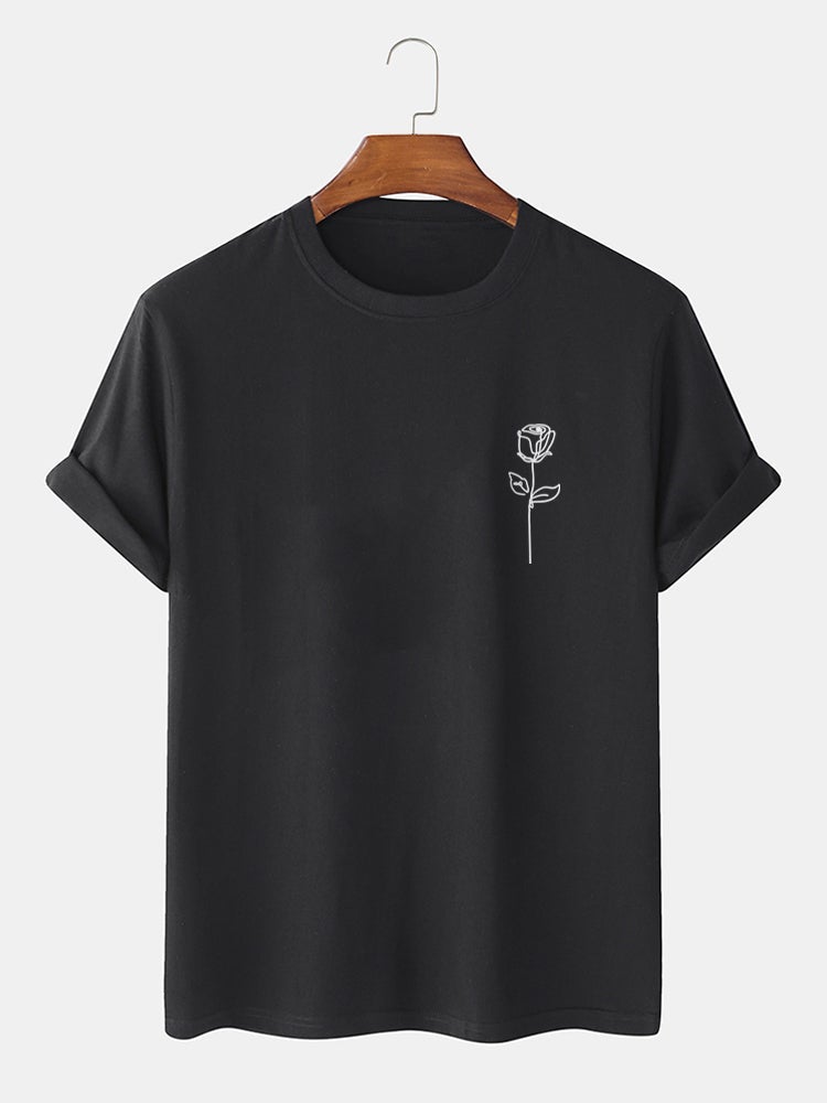 Men's 100% Cotton Simple Rose Print T-Shirt | Street Style Short Sleeve