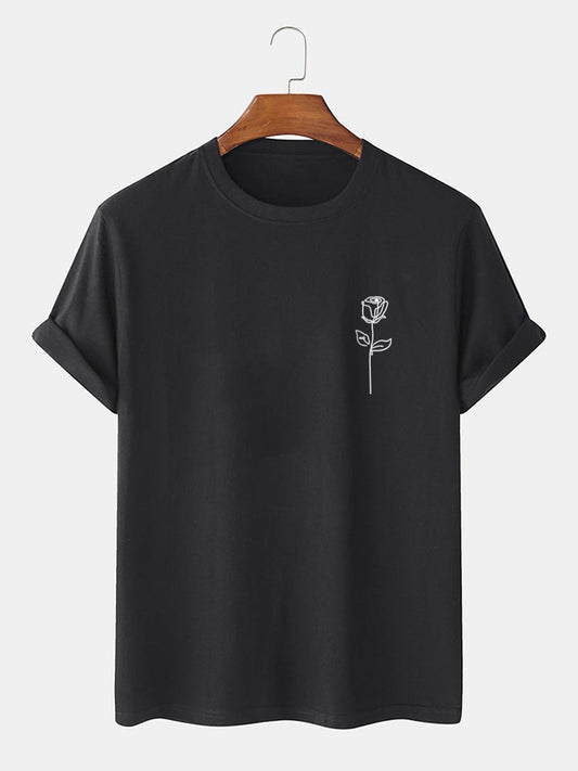 Men's 100% Cotton Simple Rose Print T-Shirt | Street Style Short Sleeve