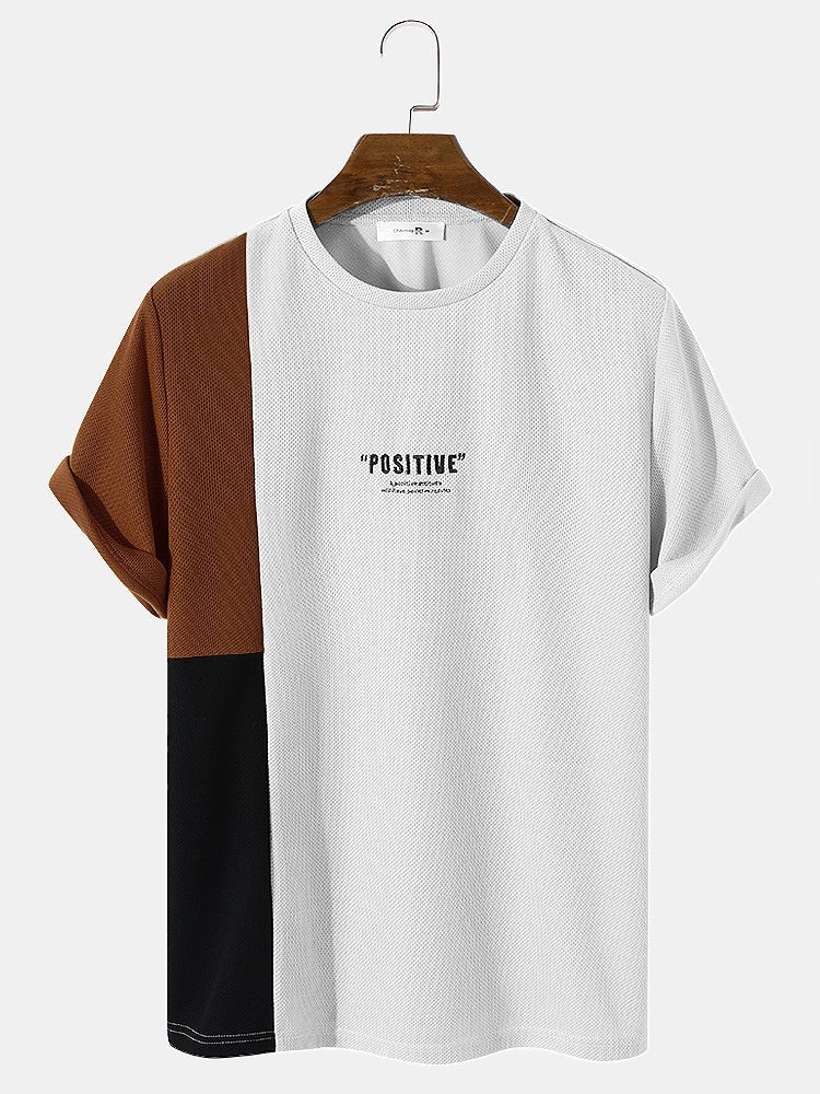 Men's Panel Patchwork Letter Embroidery T-Shirt | Knit Casual Short Sleeve Style