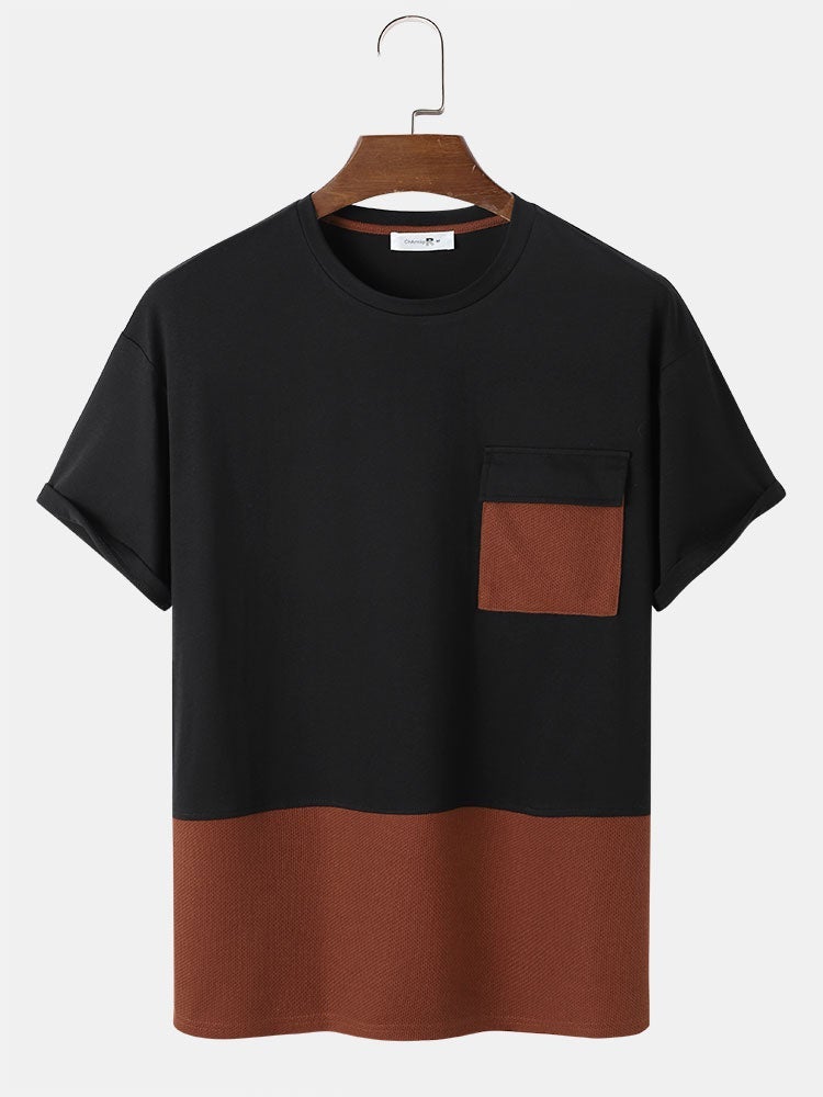 Men's Patchwork Knitted T-Shirt with Pocket | Short Sleeve Style