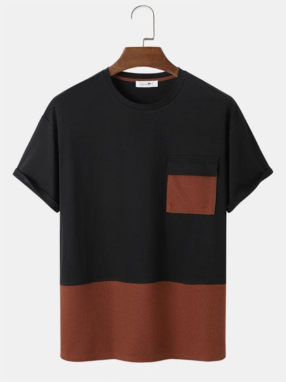 Men's Patchwork Knitted T-Shirt with Pocket | Short Sleeve Style