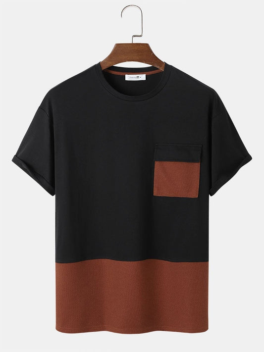 Men's Patchwork Knitted T-Shirt with Pocket | Short Sleeve Style