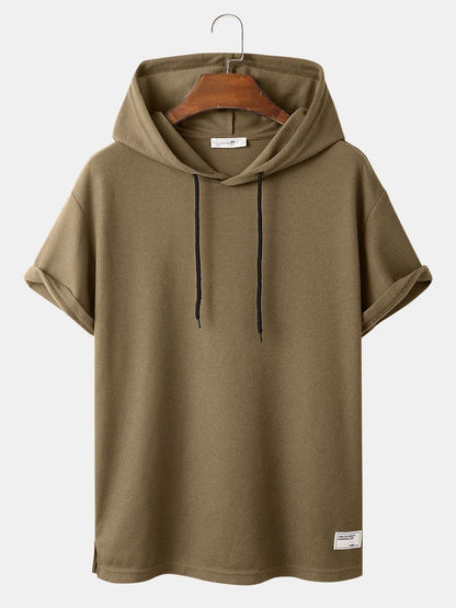 Men's Knit Solid Color Applique T-Shirt | Loose Short Sleeve Hooded Style
