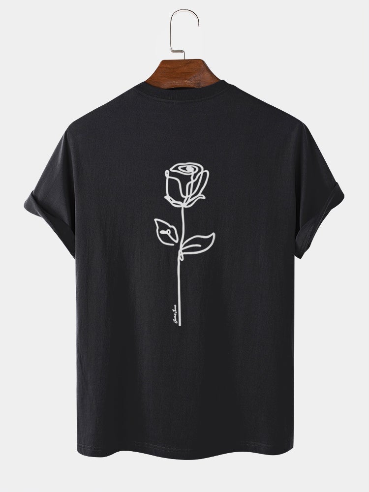 Men's 100% Cotton Simple Rose Print T-Shirt | Street Style Short Sleeve