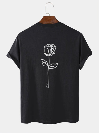 Men's 100% Cotton Simple Rose Print T-Shirt | Street Style Short Sleeve