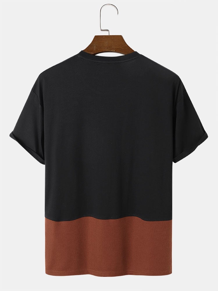 Men's Patchwork Knitted T-Shirt with Pocket | Short Sleeve Style
