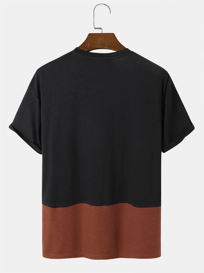 Men's Patchwork Knitted T-Shirt with Pocket | Short Sleeve Style
