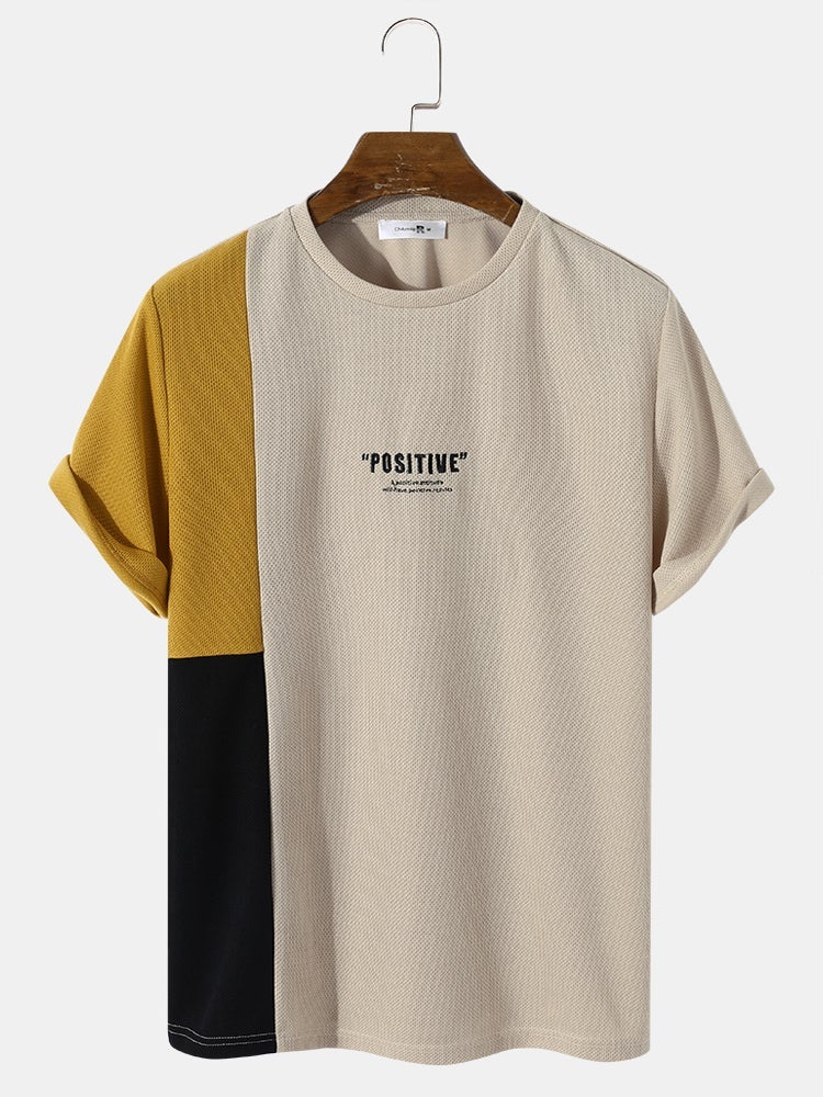 Men's Panel Patchwork Letter Embroidery T-Shirt | Knit Casual Short Sleeve Style