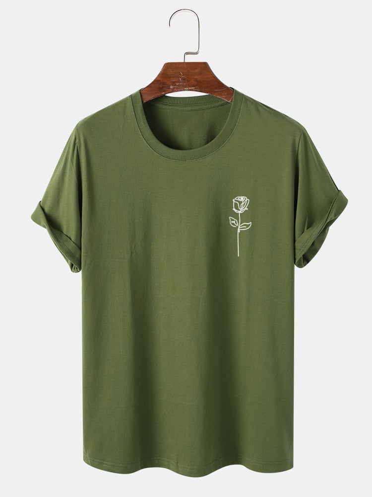 Men's 100% Cotton Simple Rose Print T-Shirt | Street Style Short Sleeve