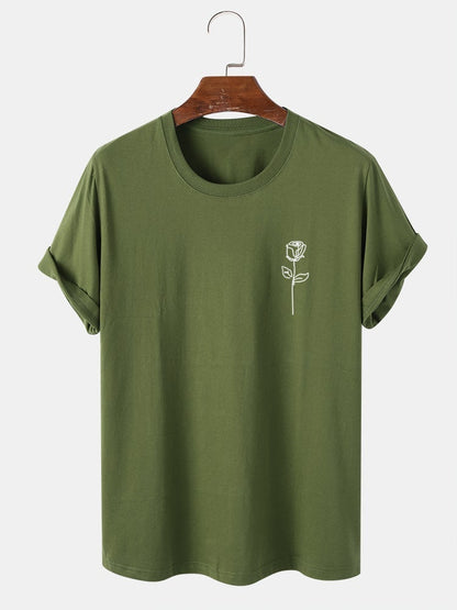 Men's 100% Cotton Simple Rose Print T-Shirt | Street Style Short Sleeve