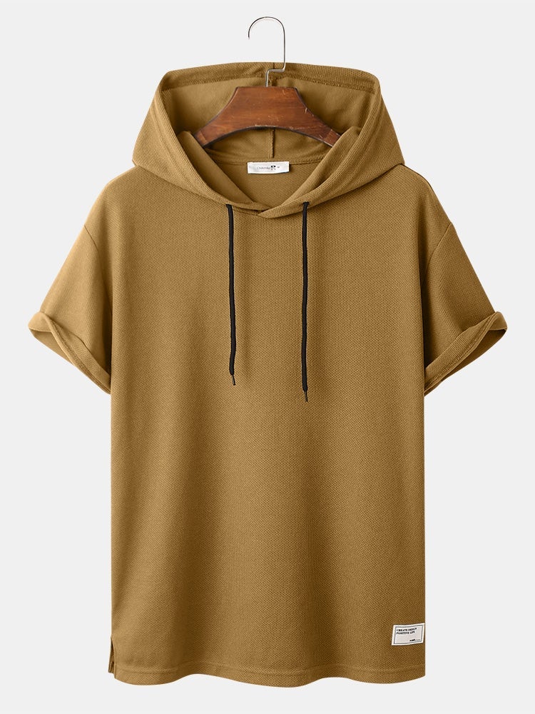 Men's Knit Solid Color Applique T-Shirt | Loose Short Sleeve Hooded Style