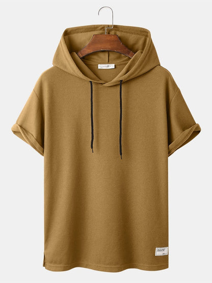 Men's Knit Solid Color Applique T-Shirt | Loose Short Sleeve Hooded Style