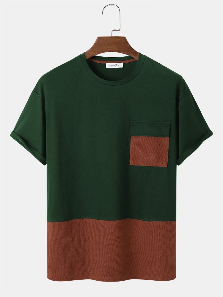 Men's Patchwork Knitted T-Shirt with Pocket | Short Sleeve Style