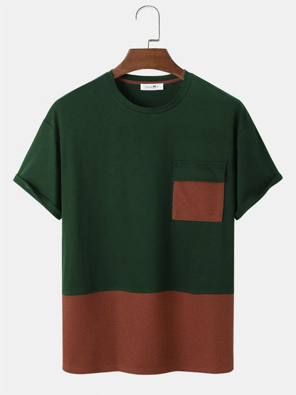 Men's Patchwork Knitted T-Shirt with Pocket | Short Sleeve Style