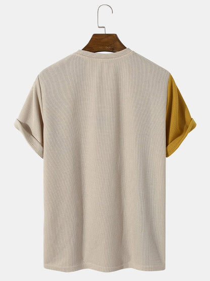 Men's Panel Patchwork Letter Embroidery T-Shirt | Knit Casual Short Sleeve Style