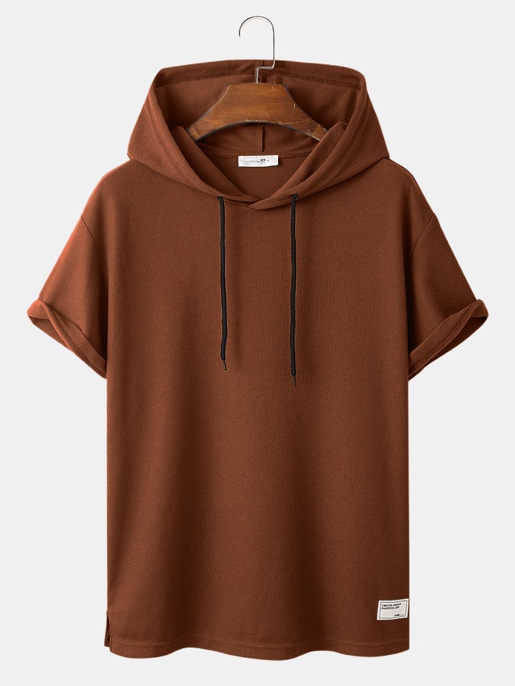 Men's Knit Solid Color Applique T-Shirt | Loose Short Sleeve Hooded Style
