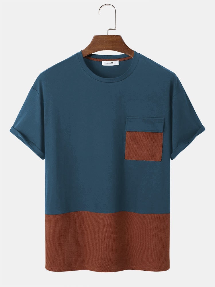 Men's Patchwork Knitted T-Shirt with Pocket | Short Sleeve Style