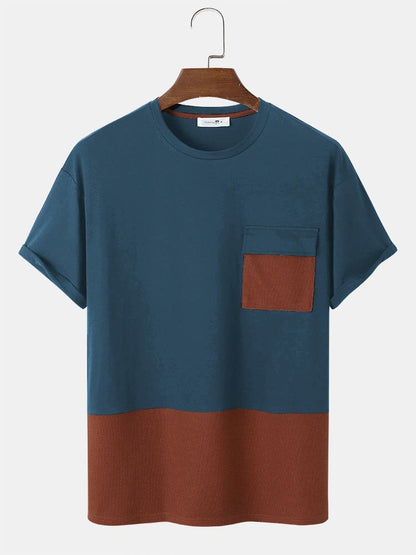 Men's Patchwork Knitted T-Shirt with Pocket | Short Sleeve Style