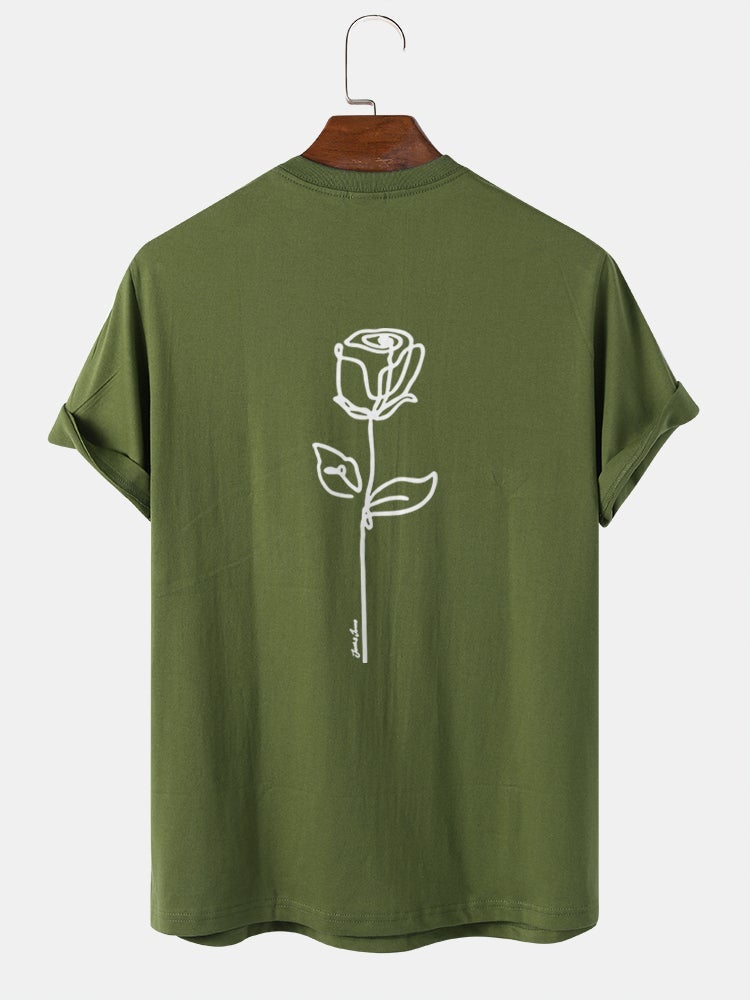 Men's 100% Cotton Simple Rose Print T-Shirt | Street Style Short Sleeve