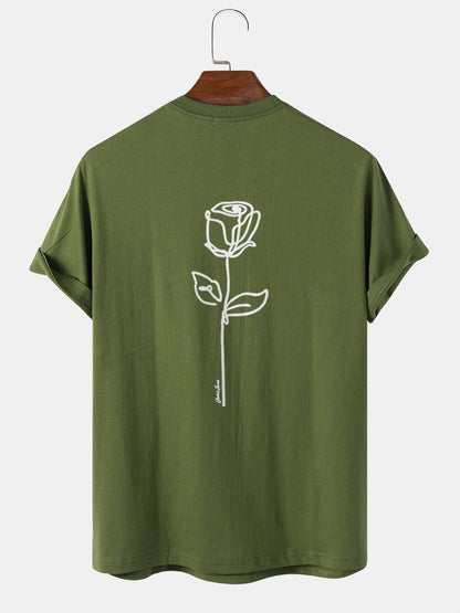 Men's 100% Cotton Simple Rose Print T-Shirt | Street Style Short Sleeve