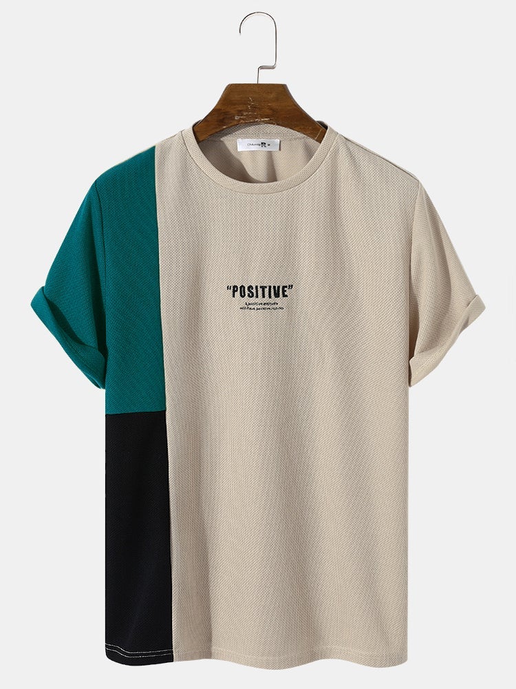 Men's Panel Patchwork Letter Embroidery T-Shirt | Knit Casual Short Sleeve Style