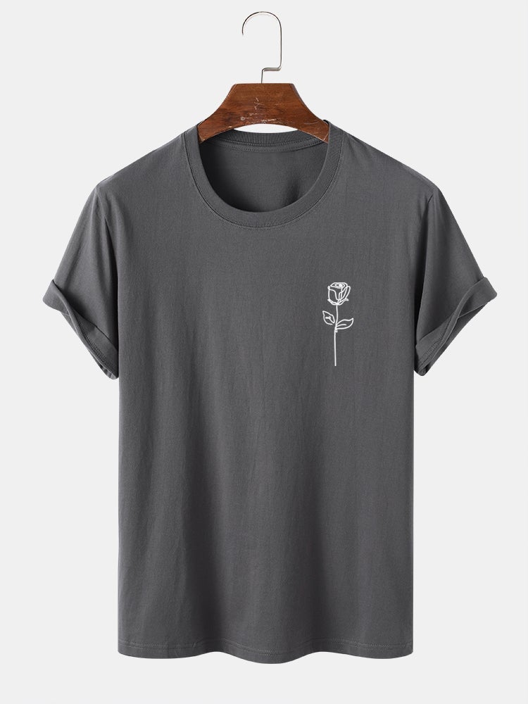 Men's 100% Cotton Simple Rose Print T-Shirt | Street Style Short Sleeve