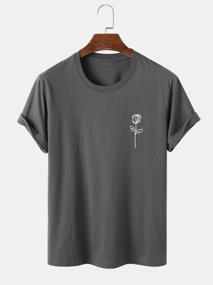 Men's 100% Cotton Simple Rose Print T-Shirt | Street Style Short Sleeve
