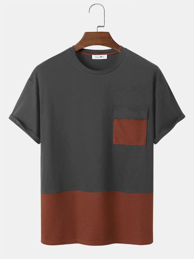 Men's Patchwork Knitted T-Shirt with Pocket | Short Sleeve Style