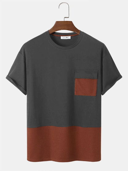 Men's Patchwork Knitted T-Shirt with Pocket | Short Sleeve Style