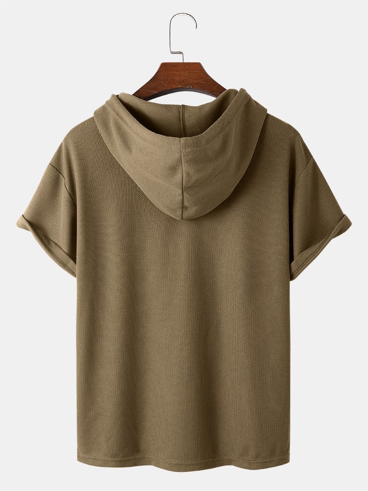 Men's Knit Solid Color Applique T-Shirt | Loose Short Sleeve Hooded Style