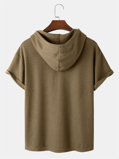 Men's Knit Solid Color Applique T-Shirt | Loose Short Sleeve Hooded Style