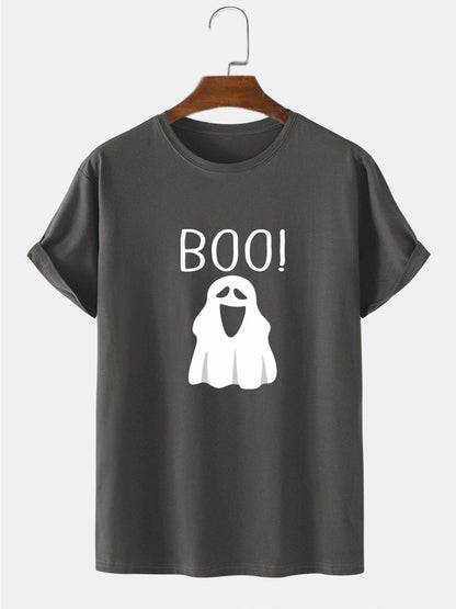 Men's 100% Cotton Halloween Cartoon Ghost Print T-Shirt | Short Sleeve Style