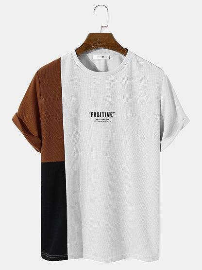 Men's Panel Patchwork Letter Embroidery T-Shirt | Knit Casual Short Sleeve Style