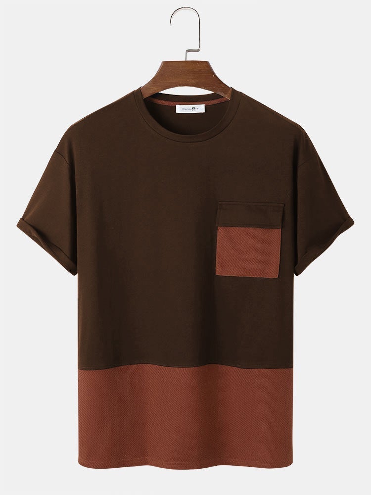 Men's Patchwork Knitted T-Shirt with Pocket | Short Sleeve Style