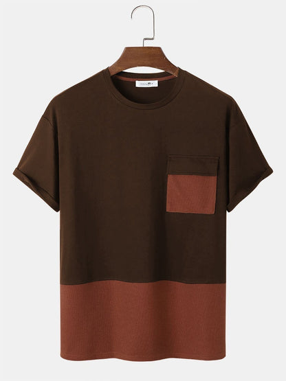 Men's Patchwork Knitted T-Shirt with Pocket | Short Sleeve Style