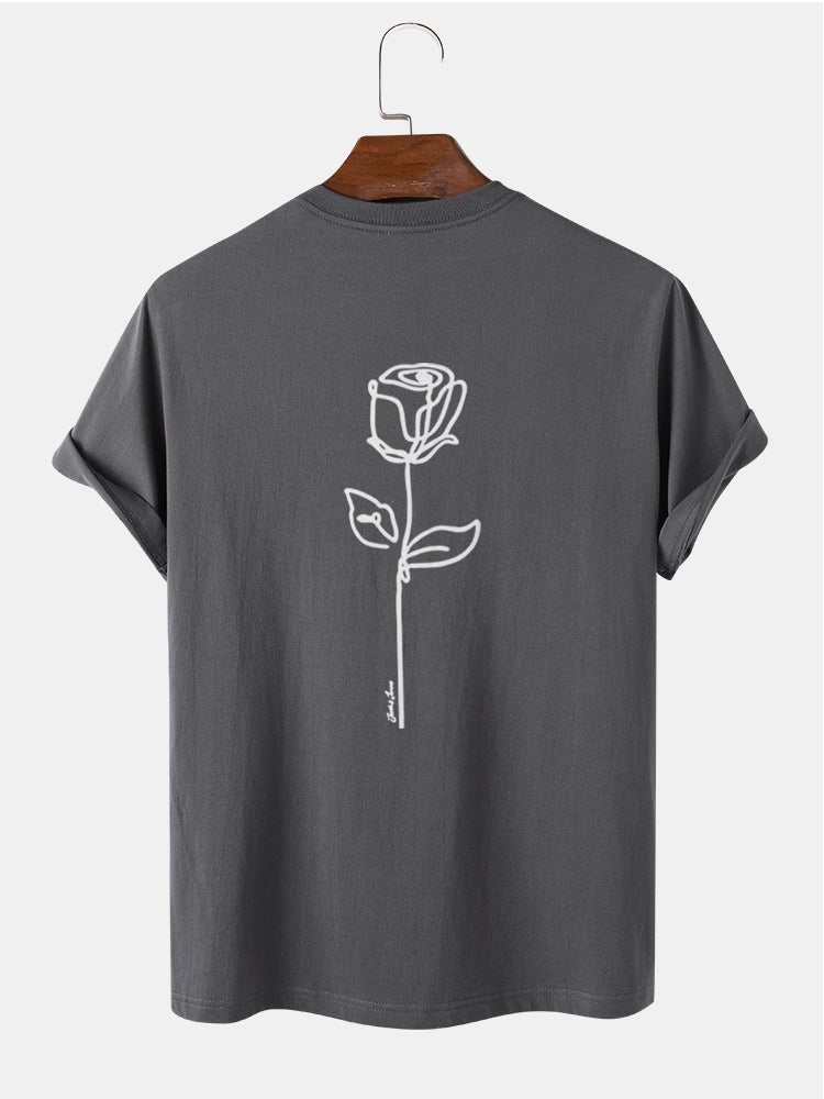 Men's 100% Cotton Simple Rose Print T-Shirt | Street Style Short Sleeve