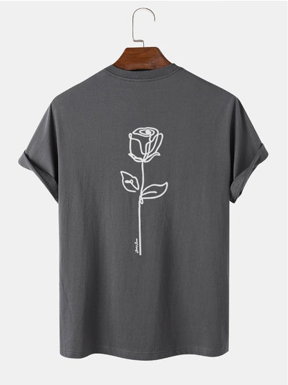 Men's 100% Cotton Simple Rose Print T-Shirt | Street Style Short Sleeve