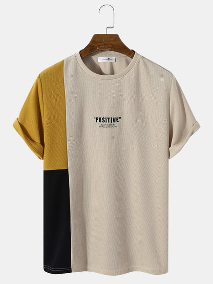 Men's Panel Patchwork Letter Embroidery T-Shirt | Knit Casual Short Sleeve Style