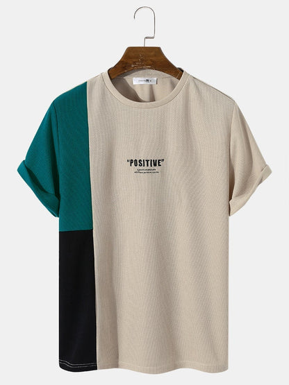 Men's Panel Patchwork Letter Embroidery T-Shirt | Knit Casual Short Sleeve Style