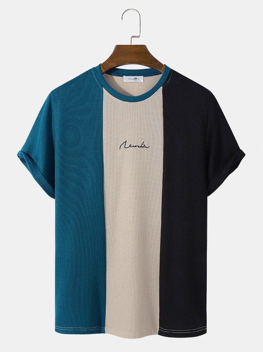 Men's Block Stripe Patchwork T-Shirt | Embroidered Knit Short Sleeve Preppy Style