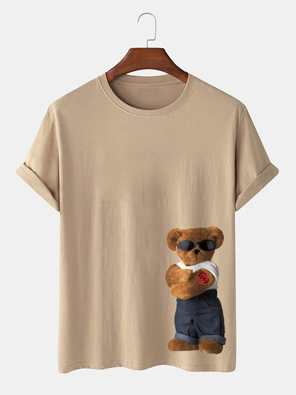 Men's 100% Cotton Cartoon Bear Pattern T-Shirt | Preppy Short Sleeve Style