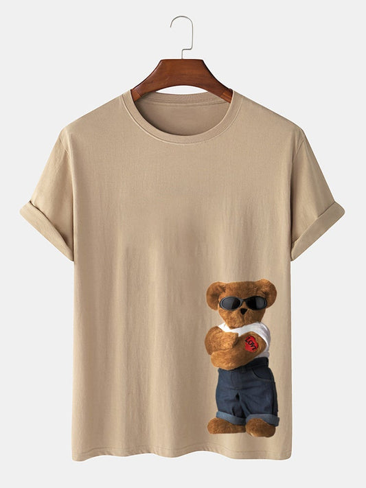 Men's 100% Cotton Cartoon Bear Pattern T-Shirt | Preppy Short Sleeve Style