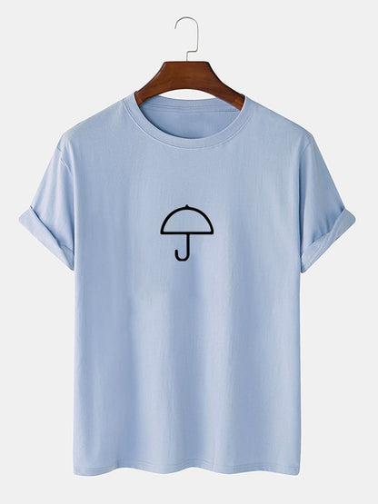 Men's 100% Cotton Umbrella Print T-Shirt | Crew Neck Casual Short Sleeve