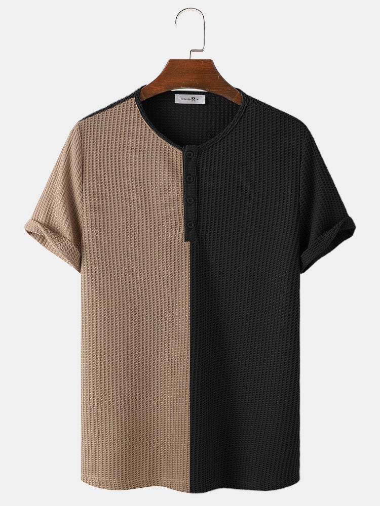 Men's Two-Tone Stitching Knitted Button T-Shirt | Short Sleeve Style