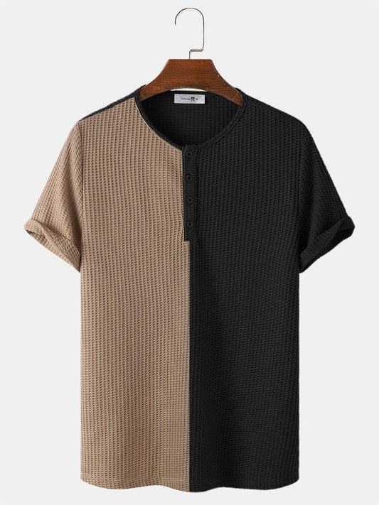 Men's Two-Tone Stitching Knitted Button T-Shirt | Short Sleeve Style