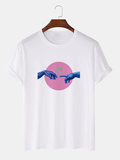 Men's 100% Cotton Hand Circle Print T-Shirt | Crew Neck Preppy Short Sleeve Style